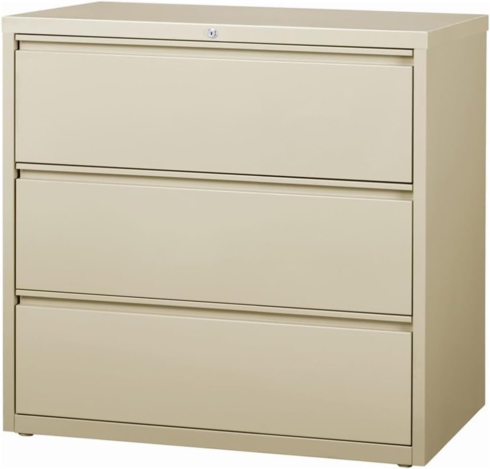 Pemberly Row Metal 3 Drawer Lateral Filing Cabinet, 42-in Wide, Putty Beige Finish, Steel Construction, Ball-Bearing Suspension, Lockable Office Storage for Hanging Files, Fully Assembled