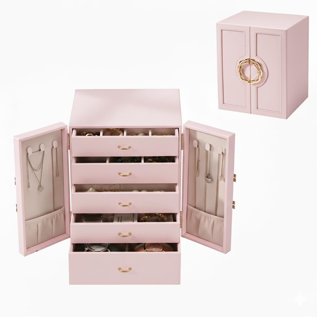 Schmuckkasten für Damen, 5 Ebenen, Leder, Rosa