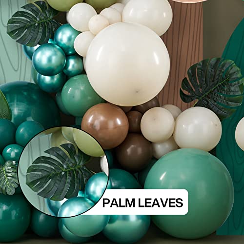 Image of PartyWoo Dark Green and Brown Balloon Arch Kit Garland 142pcs Different Sizes of 18 12 10 5 Inch Dark Sage Metallic Green Boho Brown White Sand Gold Balloons for Birthday Safari Party Decorations