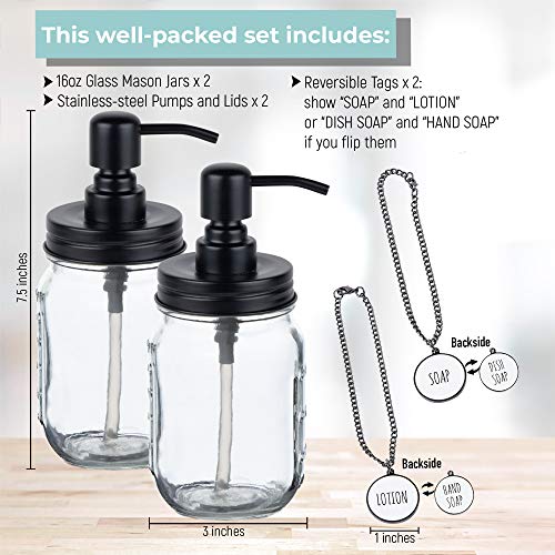 Lily & Drew Mason Jar Soap Dispenser And Lotion Dispenser Set For Kitchen Or Bathroom (2) With Tags (2) And Stainless-Steel Pumps (Black) #TOP3