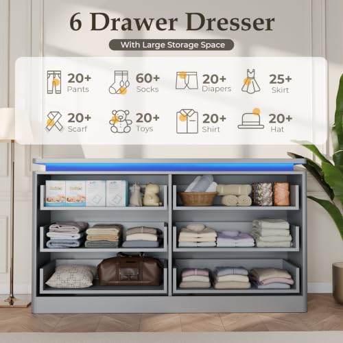 6 Drawer Dresser for Bedroom, 47.2" Long Grew Chest of Drawers with Charging Station & LED Lights,Curved Profile Design,Double Wooden Closet Storage Cabinet,Modern Dresser TV Stand with Deep Drawers - Image 3