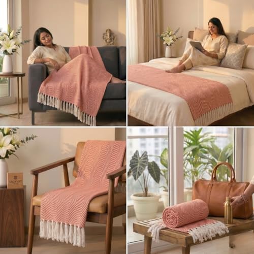 Image of SAJAVAT HOME Hand-Knitted Cotton Sofa Throw | Light Red Tassel Design for 3 & 5 Seater Sofa, Couch & Bed | Soft Lightweight All-Season Throw Blanket | 80x52 Inches