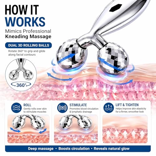 Image of 3D Face Massager Roller for Women & Men, Manual Facial Massager with Dual 360 Rolling Balls, V Shape Stainless Steel Face and Body Massage Tool for Jawline, Neck, Arms and Skin Care