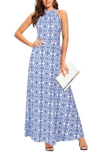 STYLEWORD Women's Maxi Dresses Halter Neck Summer Dress Floral Print Sleeveless Off Shoulder Elegant Long Dress(Blue Geometric Floral,L)