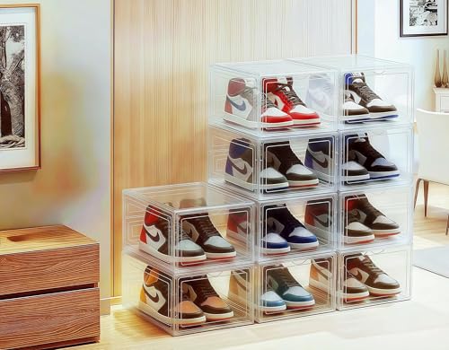 JECCICHY 10 Pack Clear Shoe Storage Boxes Stackable, Plastic Shoe Boxes with Lids, Sneaker Storage, Transparent, Thick Hard, Drop Front Door, Within US Size 13, Size: 13.54”x10.63”x7.49”
