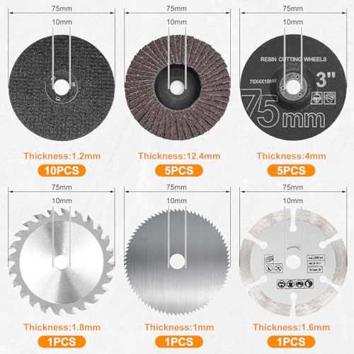 23 Stück Trennscheiben & Fächerscheiben Set 75mm, Winkelschleifer Zubehör mit HSS Kreissägeblättern, Hartmetall-Trennscheibe, Ø 10 mm Bohrung, Schleifen Schneiden Polieren Metall Holz Kunststoff