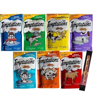 Temptations Classics Tasty Snack Treats for Cats -Feline Variety Bundle 7 Pack,Tantalizing Turkey, Chicken, Hearty Beef, Tuna, Creamy, Savory Salmon, Seafood Medley – Plus Salmon Stick