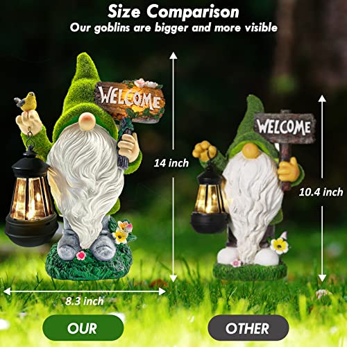 Garden Gnome Statue Outdoor Decor Large Flocked Resin Gnome Figurine With Solar Light Holding Lantern Welcome Sign Garden Yard Decorations Dwarf Sculpture For Outside Patio Porch Lawn Decor #TOP1