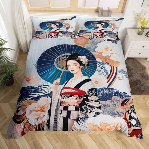 jejeloiu Japan Geisha Comforter Cover Toddler Kids Flower Floral Pattern Bedding Set for Boys Girls Teens Japanese Ocean Wave Style Duvet Cover Room Decor?No Comforter