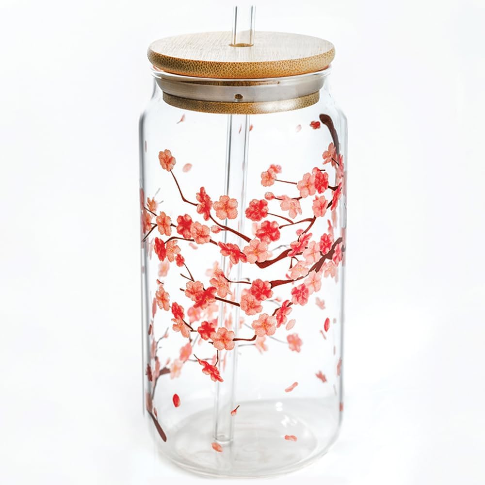 Aesthetic Cherry Blossom Glass Cup with Lid and Straw – Cute Coffee, Latte, Matcha Tumbler 16 oz – Floral Iced Coffee Cup – Preppy Birthday Gift for Women, Best Friends, Mom, Bridesmaid, Coffee Lover