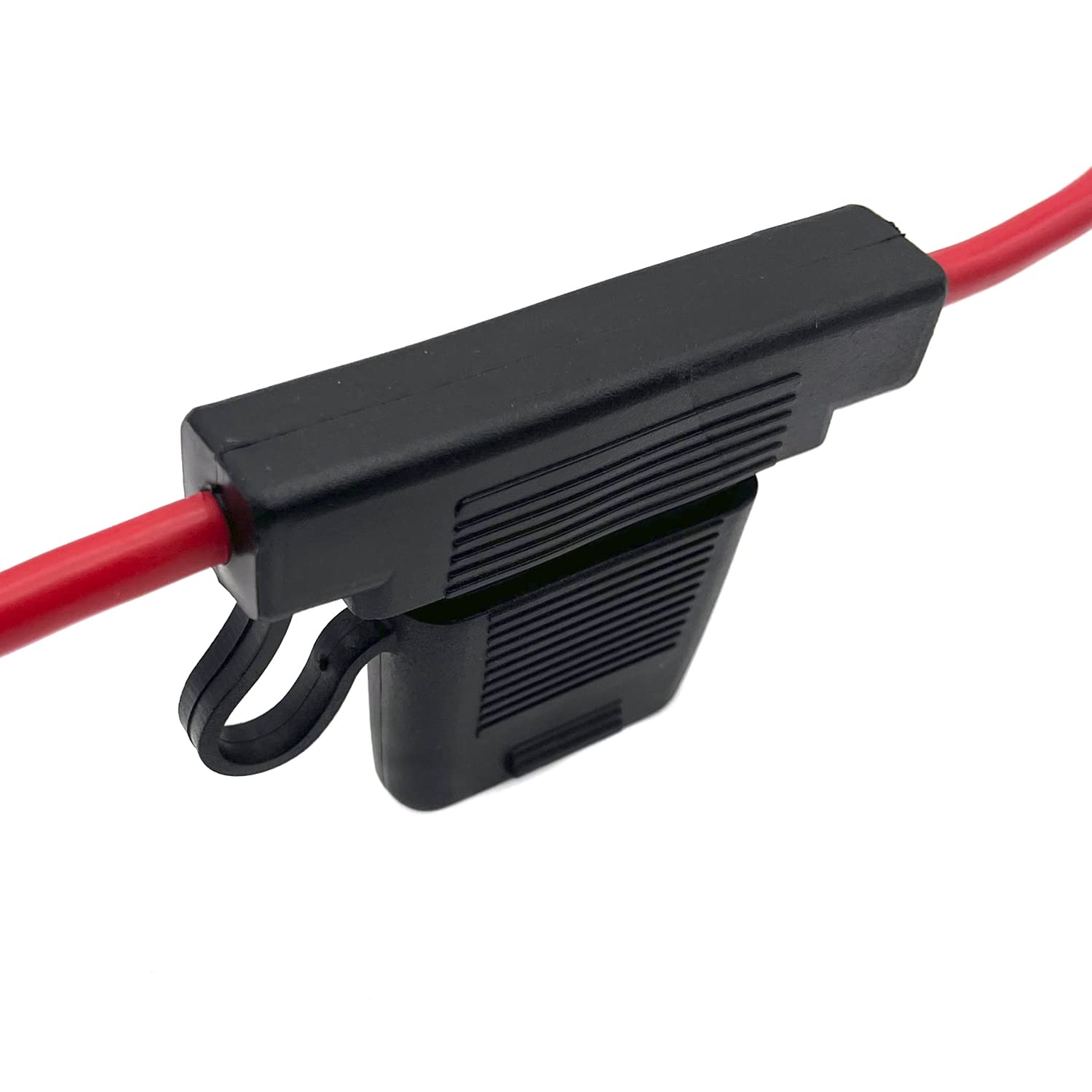 In-line 8AWG Waterproof Fuse Holder Black, Compatible with Maxi Fuse, 100A, 8 AWG Red Wire, Thermoplastic, Through-Hole Mount