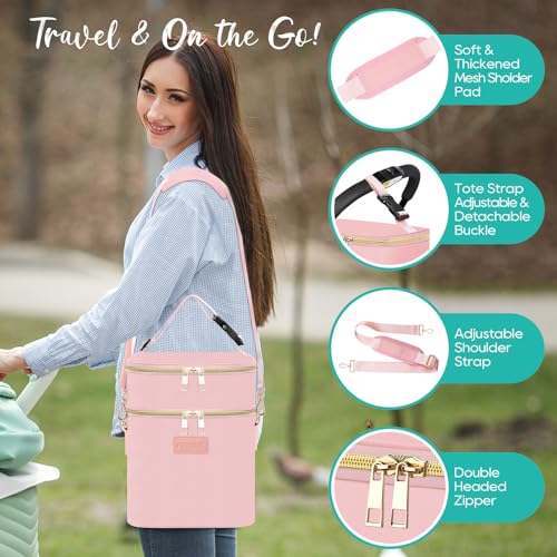 PIIOSER Breastmilk Cooler Bag with Ice Pack Fits 6 Baby Bottles Up to 9 Ounce, Insulated Baby Bottle Tote Bags, Double Layer Waterproof Leak-Proof with Shoulder Strap for Nursing & Working Mom (Pink)
