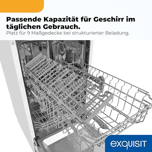Exquisit Geschirrspüler | 9 Maßgedecke, Energieeffizienzklasse E, 49 dB(A) | schmal, kompakt, 7 Programme, Eco, Intensiv, Kurz, Extra-Trocknung, Startzeitverzögerung | GSP59309-030E weiss
