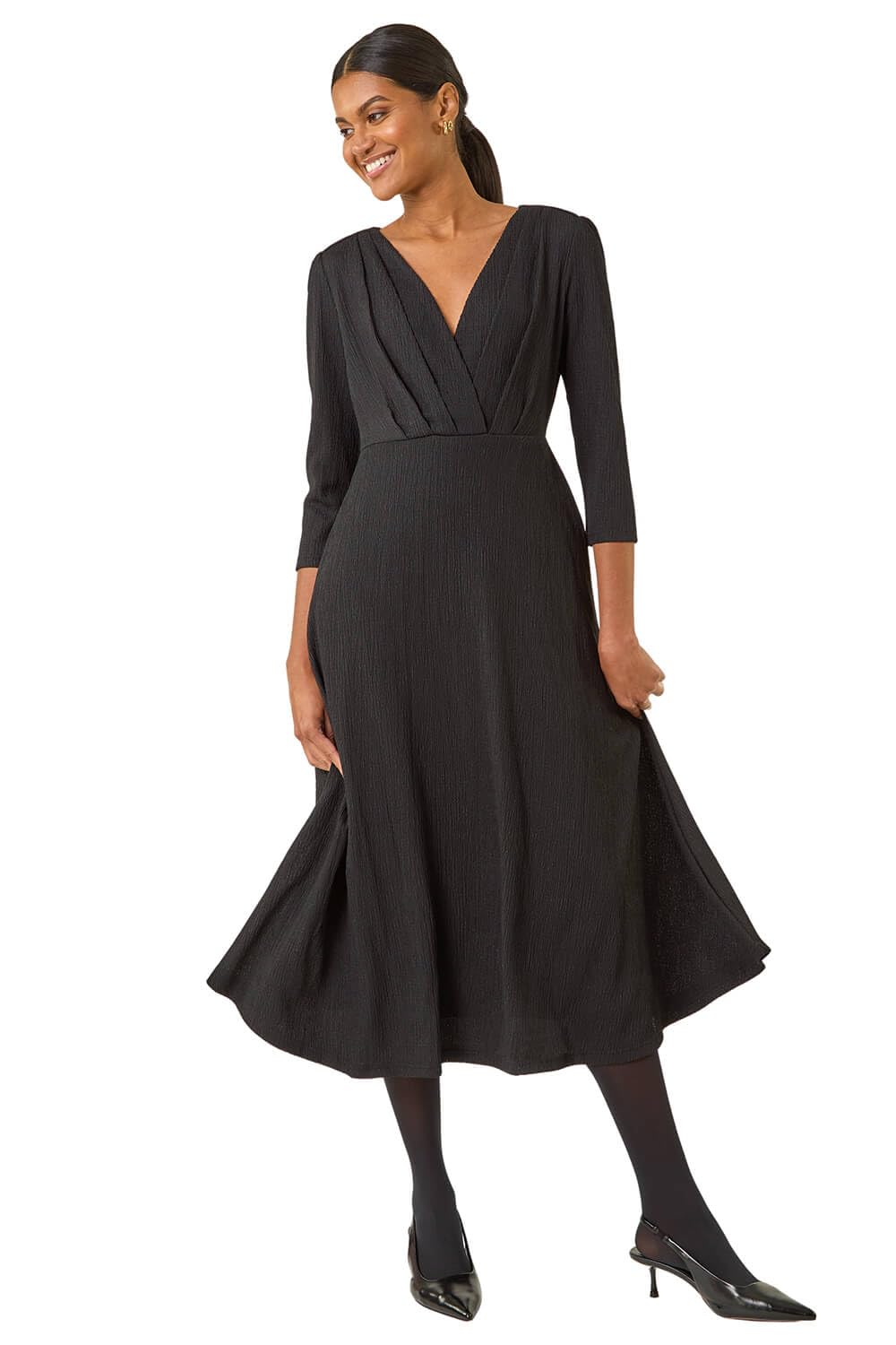 Roman Women's Black Textured Wrap Midi Dress In Size 12
