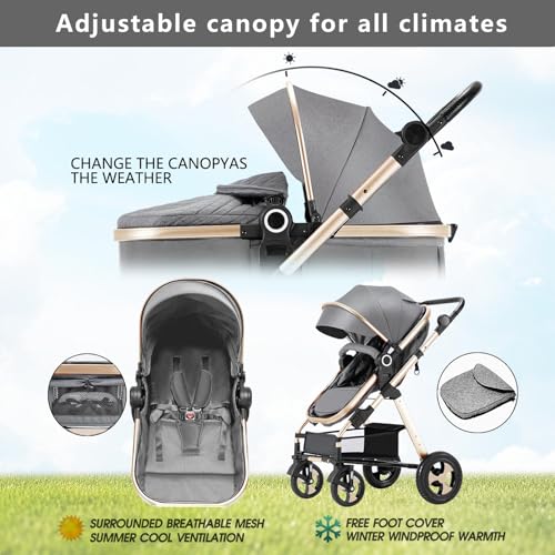 Blahoo Baby Stroller for Newborn, 2 in1 High Landscape Stroller, Foldable Aluminum Alloy Pushchair with Adjustable Backrest.Adjustable Awning, Variable Seat and Recliner（Coffee
