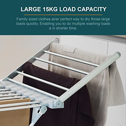 Ourhouse Heated Winged Clothes Airer, Heated Clothes Airer Drying, Indoor Electric Clothes Drier, Portable Laundry Drier, 2 Foldable Wings, Up to 15kg, 20 drying bars, Flat Storage, White (SR20301B) - Image 3