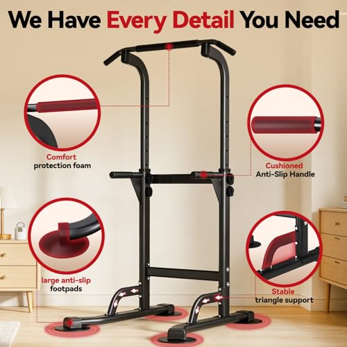 Image of WATBKHE Power Tower Pull Up Dip Station Foldable, Pull Up Bar Station Adjustable, Multi-Function Home Gym, Strength Training Fitness Equipment, Triangular Design, for Home Outdoor