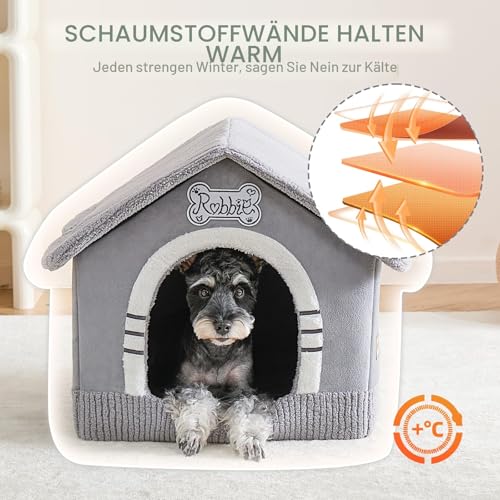 Jiupety Hundehöhle Hundehütte Indoor mit Rahmen, Gemütliche Hundehaus für Drinnen, Hundebett mit Dach für 7-14 kg, XL Größe 51x46x46 cm, Grey