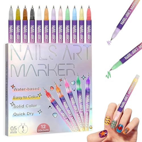 TERAISE Nail Art Pens, 12 Colors, Nail Polish Pens, 0.5mm Quick-Dry Nail Art Markers Set, for DIY Nails Art Design, Painting and Art Decoration