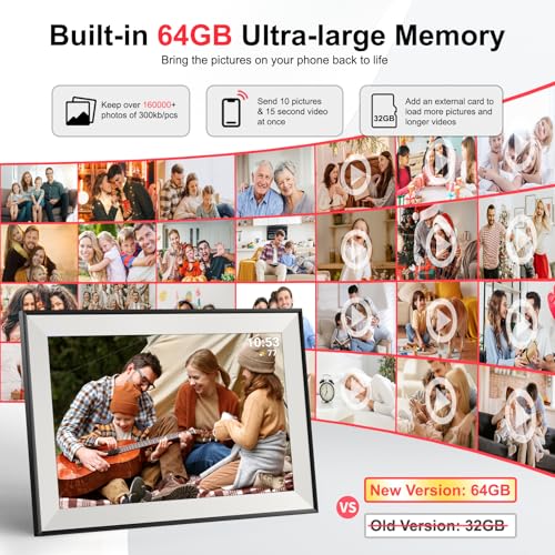 Hesmor 64GB Frameo Digital Photo Frame WiFi 10.1 Inch, 1280x800 IPS LCD Touchscreen, Auto-Rotate and Audio, Share Photos or Videos via the Frameo App Anywhere, Electronic Photo Frame Black & White
