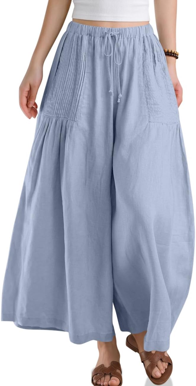 TARSE Womens Linen Wide Leg Cropped Pants Baggy Palazzo Boho Casual Elastic Waist Summer Beach Skirt Pants with Pockets
