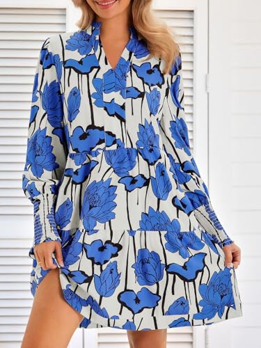 Image of Imily Bela Womens Fall Long Sleeve Tunic Dress Casual V Neck Tiered Dress | Loose,Swing,A-Line,Ruffled Collar,Puff Balloon Sleeve,Smocked Elastic Cuffs,Tiered Layered Ruffle Hem,Babydoll,Loose,Mini