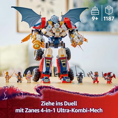 LEGO NINJAGO 4in1 Zane’s Ultra Combiner Mech Toy - Rebuilds into a Jet, Car Model, Dragon & Ninja Figure - Incl. 6 Minifigures for Role Play - Building Set for 9+ Year Old Boys & Girls - 71834 - 3