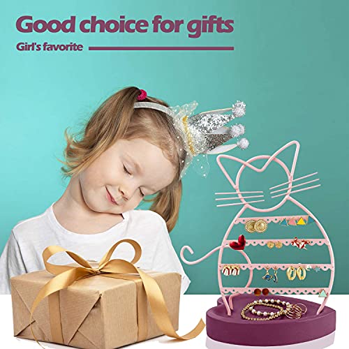 ERYTLLY Earring Holder Organizer, Cat Shaped Earring Organizer Stand With Wood Base Necklace Holder Organizer-47 Stud Earrings Holes Bracelet Holder (Pastel Pink) - Image 4