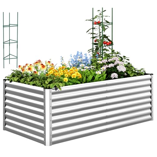 Image of Quictent Galvanized Raised Garden Bed 6x3x2 Ft Metal Planter Box Bottomless for Backyard, Include 1 pc Tomato Cage, Silver