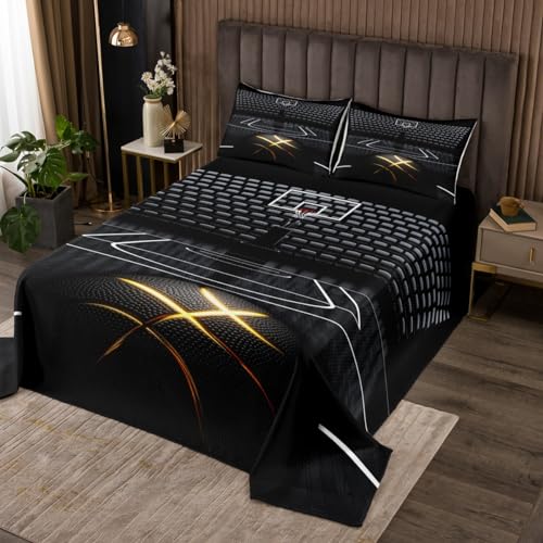 Black Golden Line Basketball Bedspread King Size,3D Basketball Court Bedding Set for Kids Boys Teens Men Room Decor,Sports Games Theme Comforter Set Fashion Cool Quilt Coverlet,2 Pillowcases