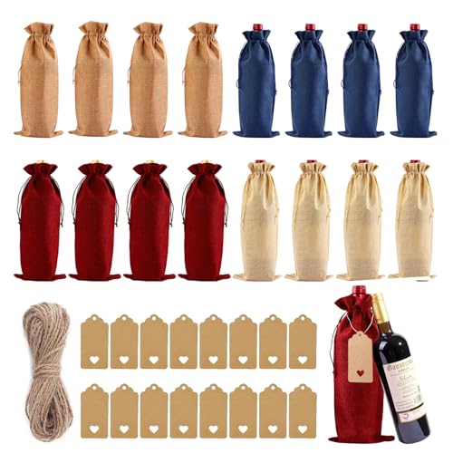 Burlap Wine Gift Bags 16 PCS Wine Bottle Covers with Drawstring Reusable Wedding Christmas Anniversary Thanksgiving Valentines Day