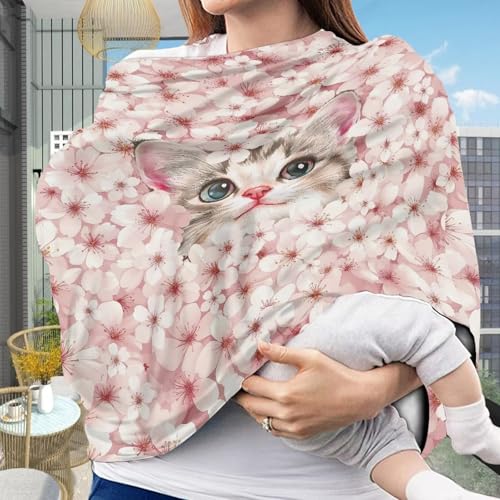 Image of Cat Car Seat Cover for Baby Carseat - Cherry Blossom Infant Car Seat Cover for Sun - Breathable, Soft and Lightweight Car Seat Canopy