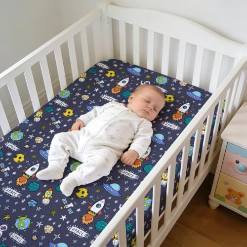 Image of JISEN Baby Fitted Crib Sheets for Boys Girls 52x28 Inch Space Navy