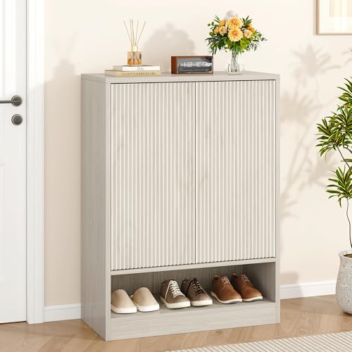 Image of Shoe Cabinet with Doors, 41 inch Tall Entryway Shoe Organizer Cabinet with Adjustable Shelves, 5-Tier Modern Fluted Wood Free Standing Shoe Rack for Hallway, Living Room, Closet, Grey