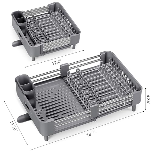 Urackify Stainless Steel Dish Drying Rack - Dish Drainer for Kitchen Counter, Extendable Drainboard with Foldable, Space-Saving Cup & Bowl Organizer, Includes Knife and Utensil Holder, Gray
