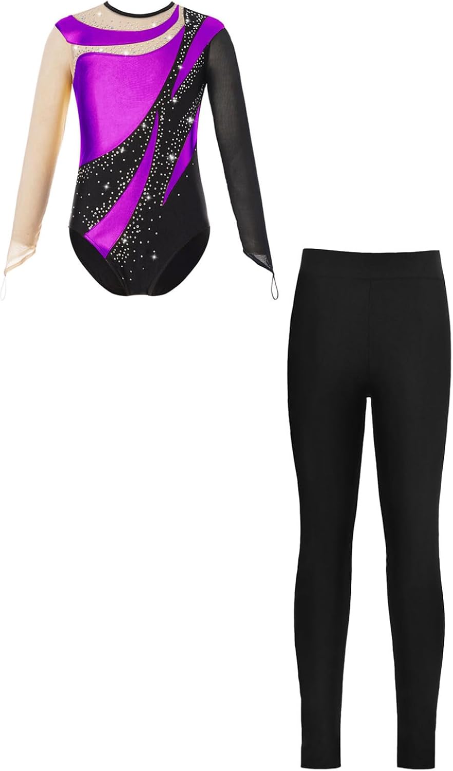 Kids Girls Gymnastics Dance Set Long Sleeve Rhinestones Leotard with Stretch Leggings 2pcs Athletic Tracksuit