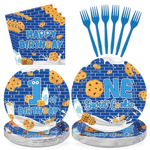 96 Pcs Milk and Cookies 1st Birthday Party Supplies for Boys Serves 24 by Greencian - Used condition - US$12.52