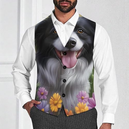 Collie Dog Flowers Men's Suit Vest Slim Fit Business Dress Party Pattern Waistcoat Vest Top2