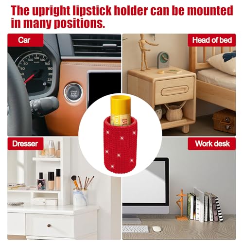 Image of Upright Car Chapstick Holder, Bling Insulating Lip Balm Holder,Rhinestone Car Accessories for Women Interior ,Suitable for Most Vehicles. (Red)