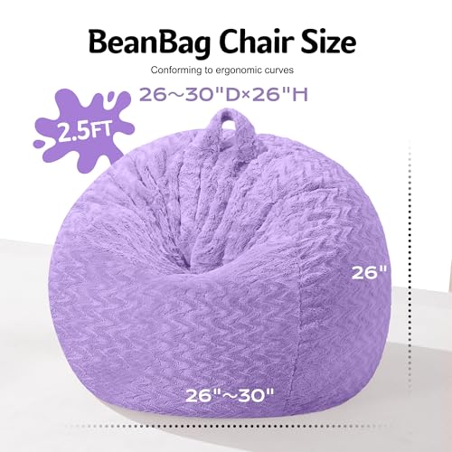 Image of 2FT Bean Bag Chair,Giant Bean Bag Chairs for Adults,Big Bean Bags with Memory Foam Filled, Large Beanbag Chairs with Chevron Plush Cover-Purple