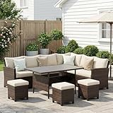 Wisteria Lane Patio Furniture Set, 7 Piece High Curved Back Outdoor Dining Sectional Sofa with Dining Table and Chair, All Weather Wicker Conversation Set with Ottoman, Ivory