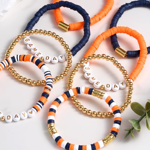 Landical 8 Pcs Game Day Bracelets for Women Stackable Beaded Stretch Bracelet Football Sport Fan Outfit Jewelry Gifts(Orange Blue) - Thumbnail 2