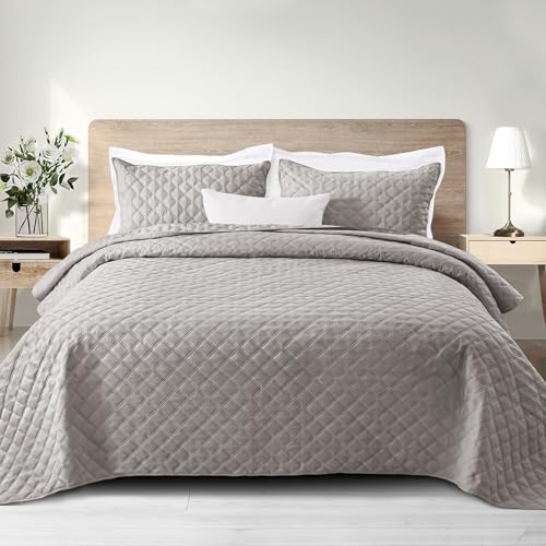 Exclusivo Mezcla Soft Quilt Set Twin Size, 2 Pieces Lightweight Quilts Light Grey Bedspreads Coverlets Bedding Set for All Seasons, Grid Pattern