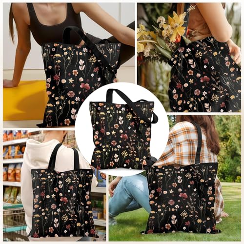 Vesavifaka Sac en Toile pour Femmes – Sac en Tissu avec Fermeture Éclair, Sac d'Épaule Réutilisable et Élégant pour Shopping, Travail, Vie Quotidienne, Vacances, Noir à Fleurs – vue 5