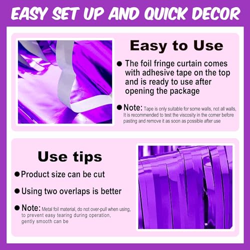 Image of 3 Pack Purple Foil Fringe Curtains Backdrop, 3.28 x 9.8 Ft Metallic Streamers Tinsel Curtains Background for Photo Booth, Birthday, Halloween, Christmas, Thanksgiving, New Year Party Decorations