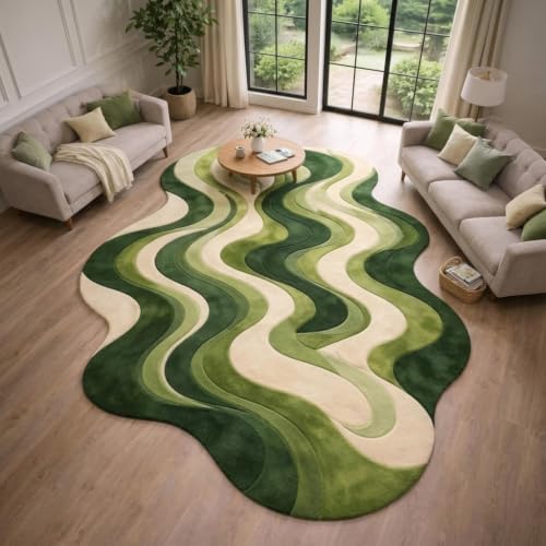 Image of Hand Tufted Wool Rug 6x8 Ft - Modern Irregular Shape Aesthetic Carpet, 1 Inch Thick Pile, Anti-Skid Backing, Soft Handmade Woolen Area Rug for Living Room, Bedroom, Hall Decor