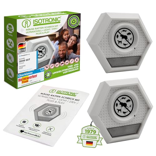 Preisvergleich Produktbild ISOTRONIC Mäusevertreiber mit Ultraschall & Lichtblitz / Tierabwehr gegen Mäuse, Ratten, Vögel, Katzen, Waschbären UVM. Mäuseschreck für Innen- & Außenbereich 2X 100 m² Wirkungsbereich