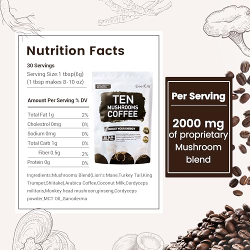 Organic Mushroom Coffee with 6 Adaptogenic Mushrooms & MCT Oil, Instant Mushroom Coffee for Better Energy, Focus, Digestion, Immunity – Lions Mane & Turkey Tail, 30 Servings, Everyday Dose - Image 2