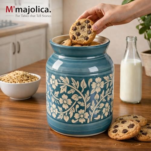 Image of Sky Blue Floral Ceramic Handglazed Pickle Jars Set of 1-1000 ML Each | 1 kg Achaar Martban Barni Jar with Lid | Ceramic Storage Jar Container Pickle, Chatney