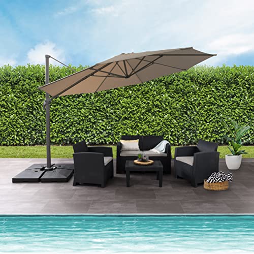 Corliving 11.5Ft Offset Sandy Brown Fabric Patio Umbrella And Base #TOP1